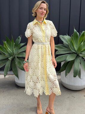 Benaar Robin Belted Short Sleeve Lace Midi Dres